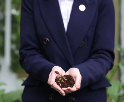 Person in navy suit holding a small plant, symbolising growth and hospitality care.