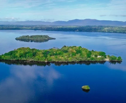 Scenic lake view with lush green island and distant mountains under blue sky.