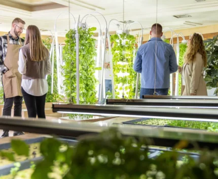 A group touring a vibrant indoor garden at a resort.